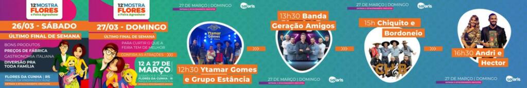 Os shows do domingo da Mostra Flores e Feira Agroshow ficam por conta da Rádio Solaris